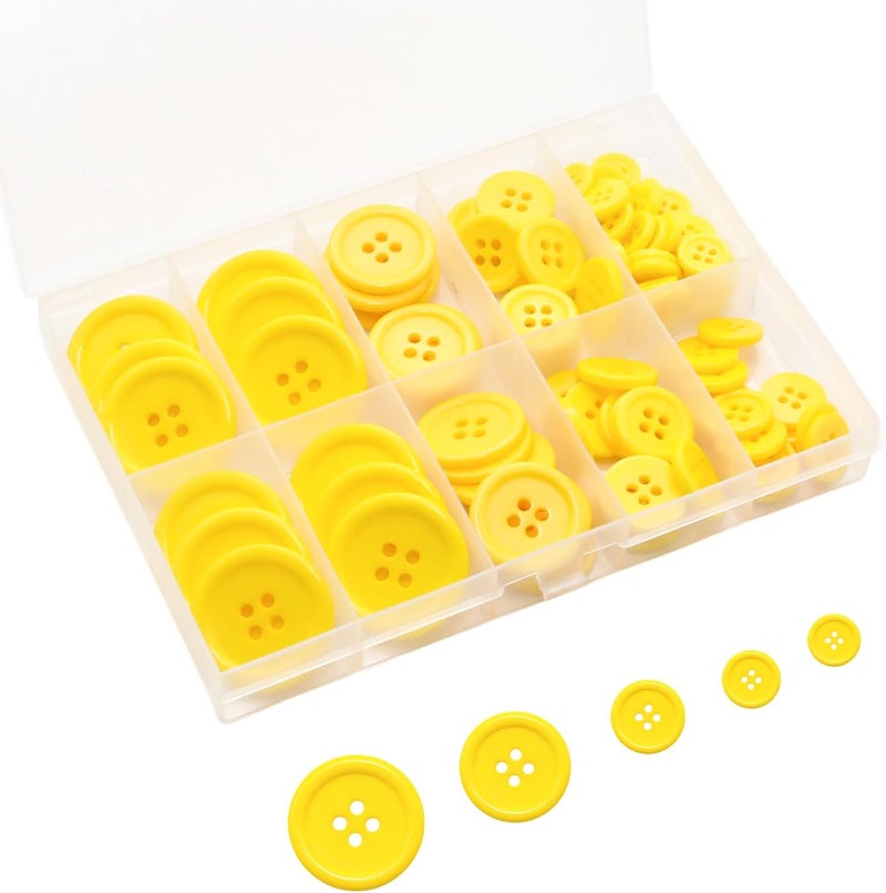 Lilaly 100 pcs Yellow Buttons for Crafts, 5 Sizes Mixed Round Sewing Buttons for Clothes, Suitable for for DIY Crafts, Coats, Shirts, Pants, Shorts - Image 1